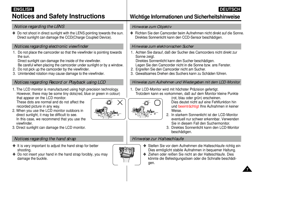 Samsung VP-D55, VP-D60, VP-D65 manual Hinweise zur Halteschlaufe, Direktes Sonnenlicht kann den LCD-Monitor beschädigen 