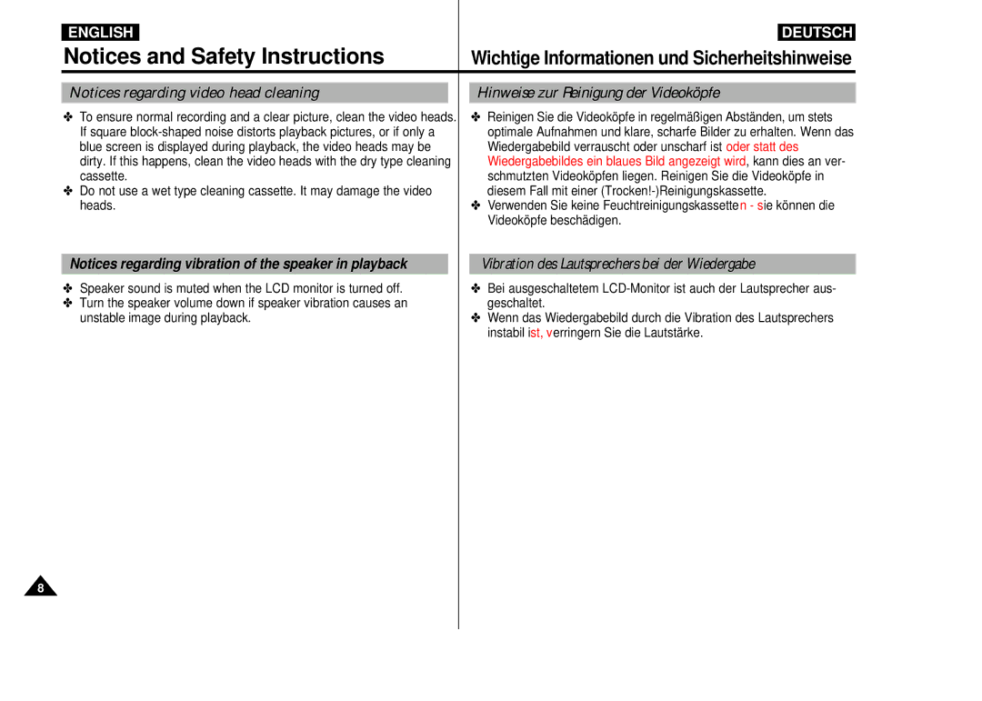 Samsung VP-D55, VP-D60, VP-D65 manual Hinweise zur Reinigung der Videoköpfe, Vibration des Lautsprechers bei der Wiedergabe 