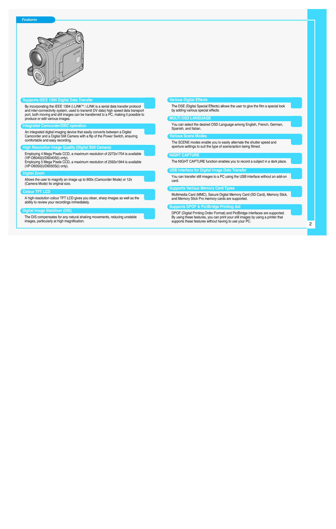 Samsung VP-D6040S(i), VP-D6050(i), VP-D6050S(i) VP-D6040(i) manual Features 