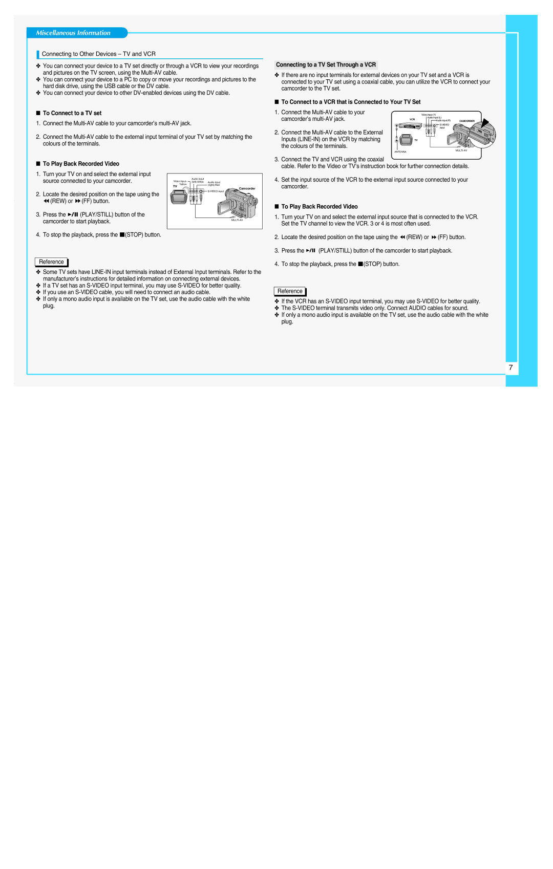 Samsung VP-D6050S(i) VP-D6040(i), VP-D6050(i) manual Miscellaneous Information, Connecting to Other Devices TV and VCR 