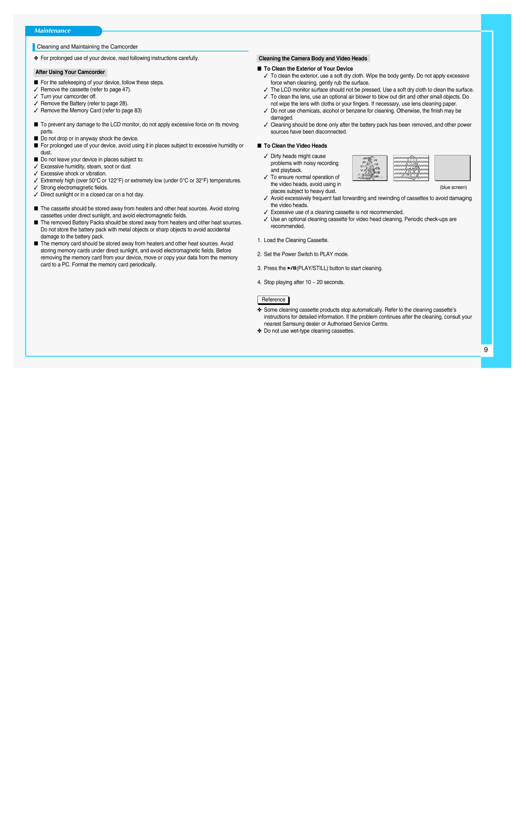 Samsung VP-D6050(i) manual Cleaning and Maintaining the Camcorder, After Using Your Camcorder, To Clean the Video Heads 