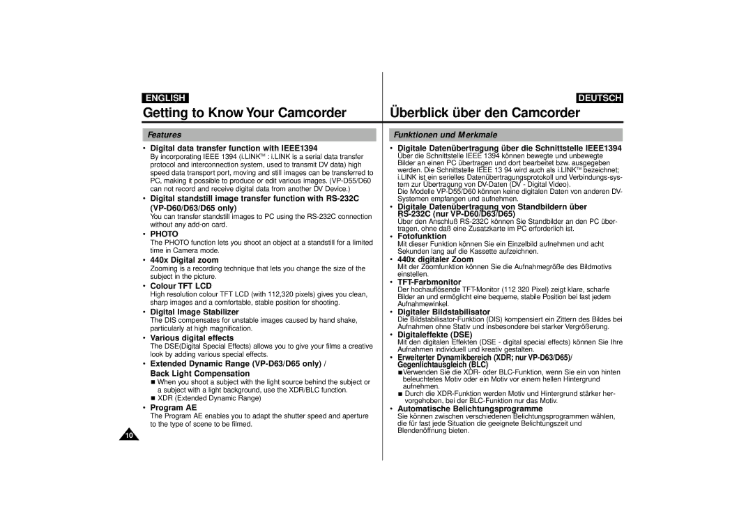 Samsung VP-D63, VP-D55 manual Features Funktionen und Merkmale 