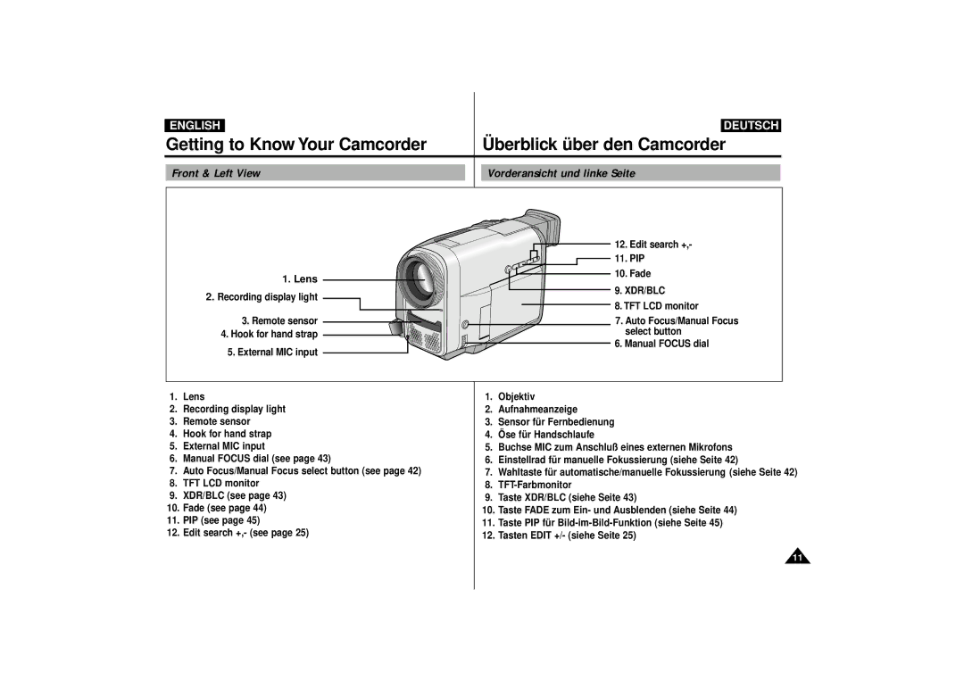 Samsung VP-D55, VP-D63 manual Getting to Know Your Camcorder, Front & Left View Vorderansicht und linke Seite, Lens, Xdr/Blc 