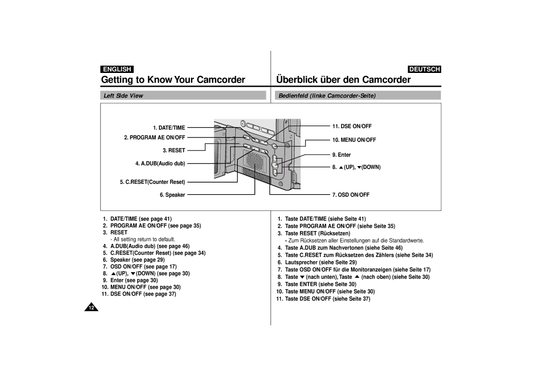 Samsung VP-D63 Left Side View Bedienfeld linke Camcorder-Seite, DATE/TIME DSE ON/OFF Program AE ON/OFF Menu ON/OFF, Reset 