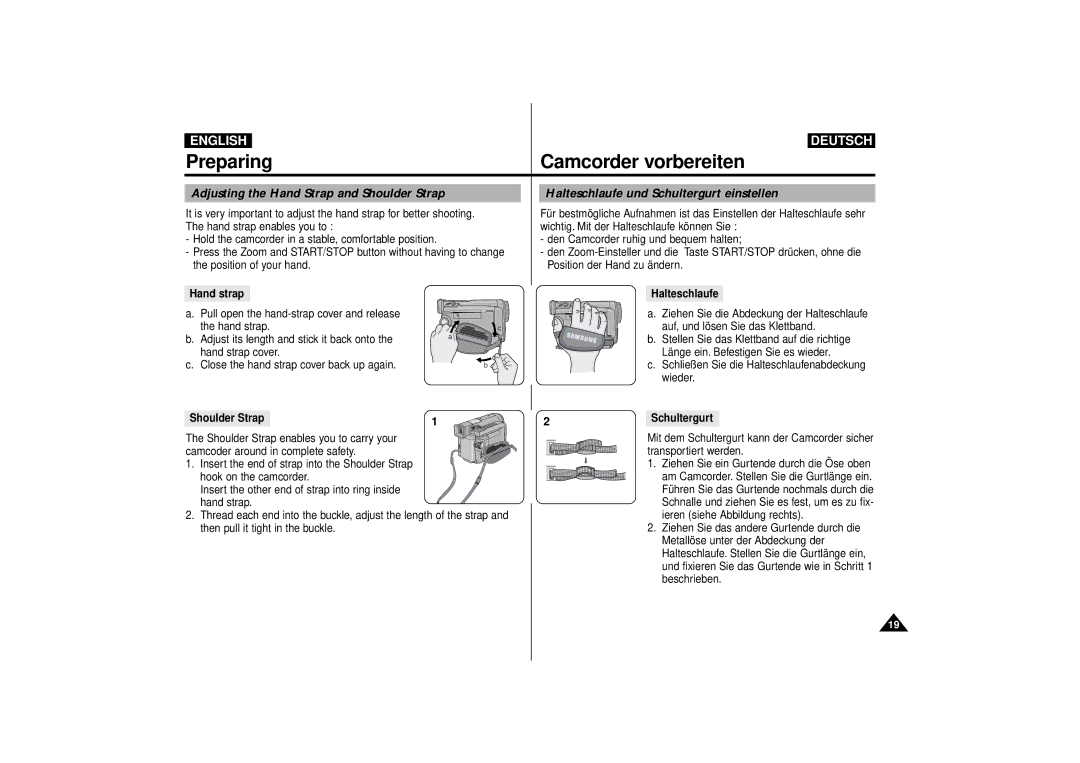 Samsung VP-D55, VP-D63 manual Preparing Camcorder vorbereiten, Hand strap Halteschlaufe, Shoulder Strap, Schultergurt 