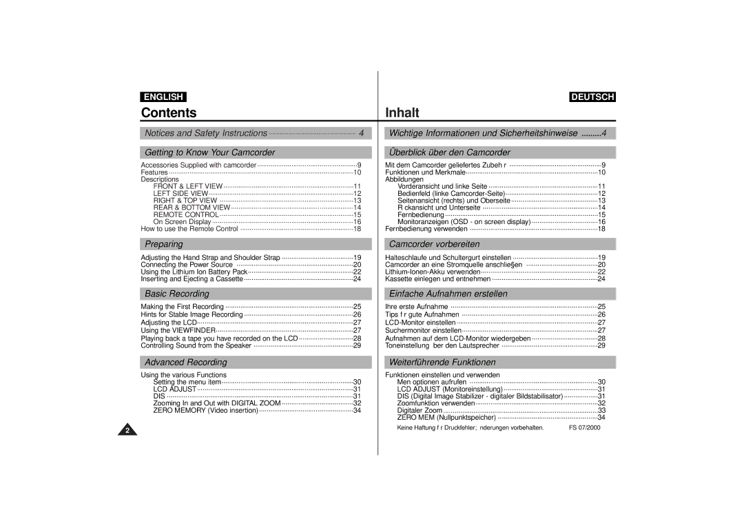 Samsung VP-D63, VP-D55 manual Contents Inhalt 