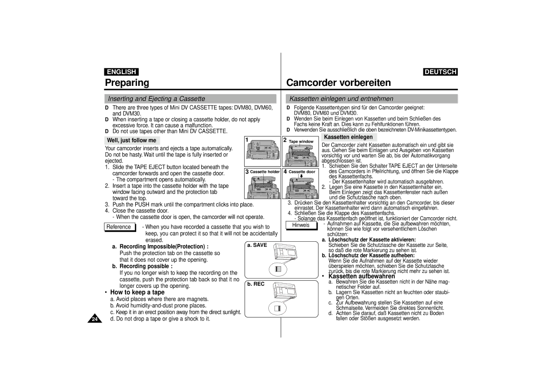 Samsung VP-D63, VP-D55 manual Kassetten aufbewahren, How to keep a tape 