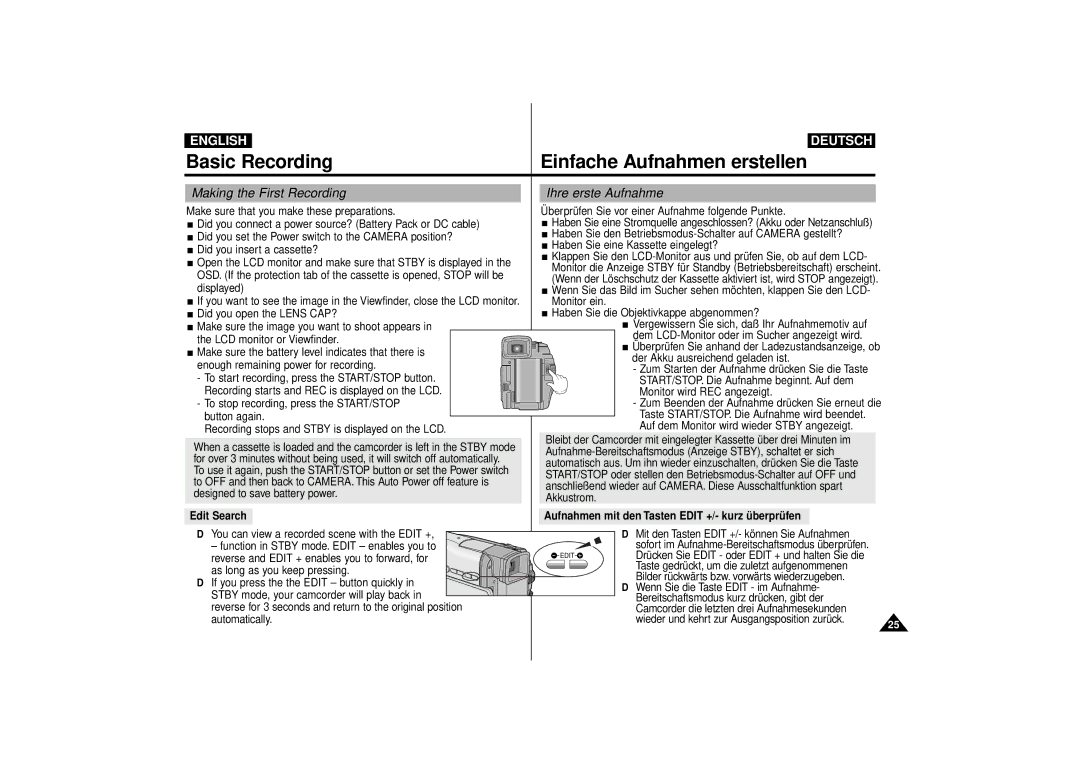 Samsung VP-D55, VP-D63 manual Basic Recording Einfache Aufnahmen erstellen, Making the First Recording Ihre erste Aufnahme 