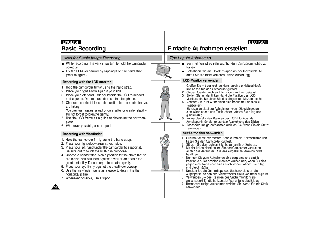 Samsung VP-D63, VP-D55 manual Hints for Stable Image Recording Tips für gute Aufnahmen, Recording with Viewfinder 