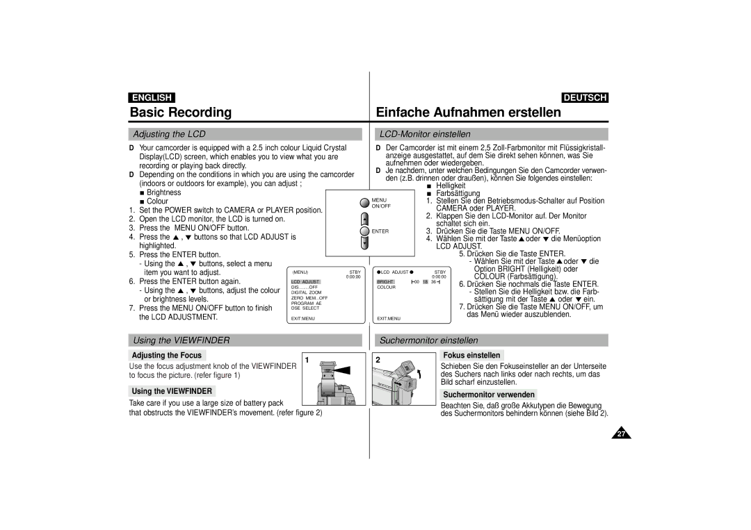 Samsung VP-D55, VP-D63 manual Adjusting the LCD, Using the Viewfinder, LCD-Monitor einstellen 