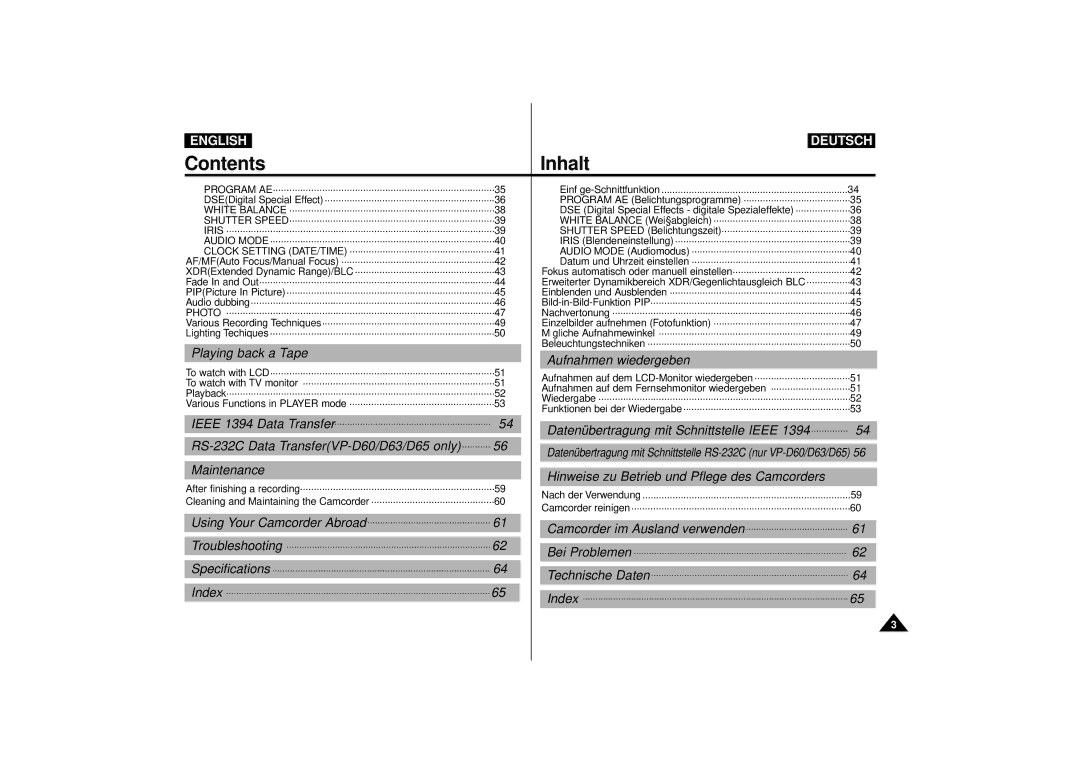 Samsung VP-D55 Playing back a Tape, Ieee 1394 Data Transfer, RS-232C Data TransferVP-D60/D63/D65 only, Troubleshooting 