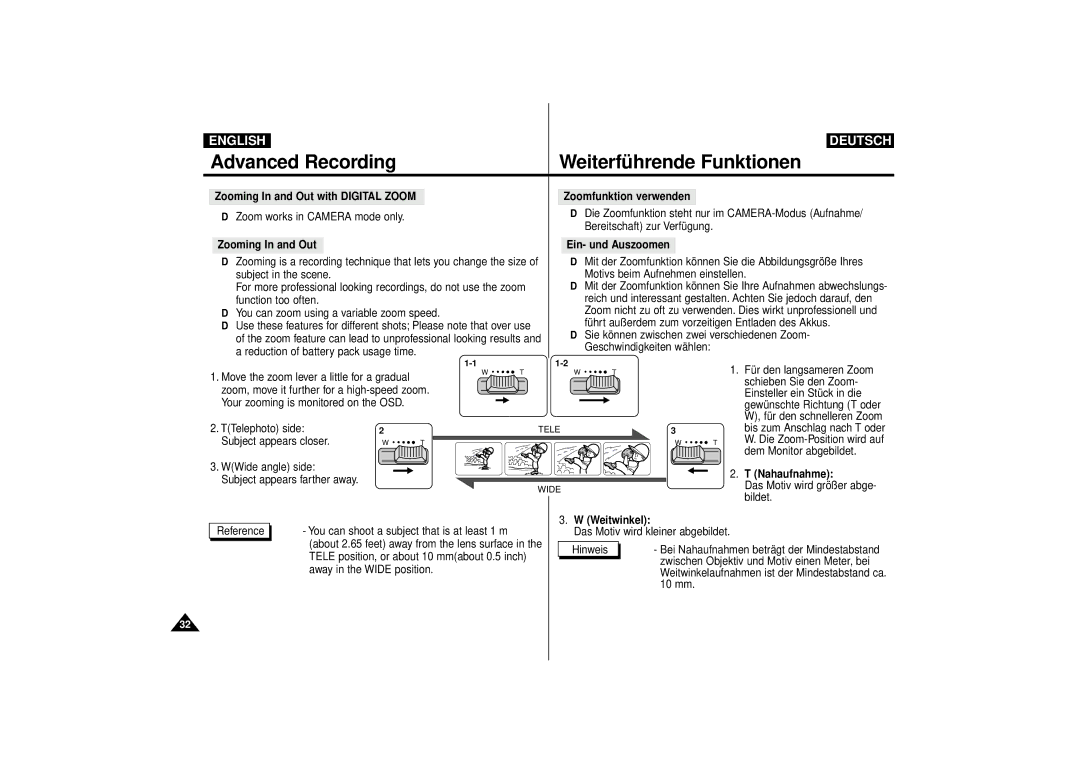 Samsung VP-D63, VP-D55 manual Zooming In and Out with Digital Zoom, Nahaufnahme 