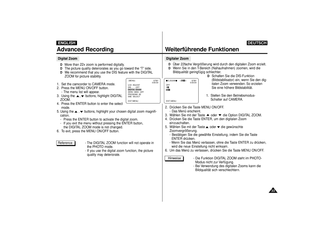 Samsung VP-D55, VP-D63 manual Digitaler Zoom 