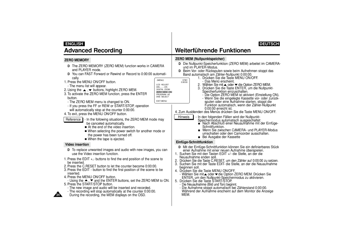 Samsung VP-D63, VP-D55 manual Zero MEM Nullpunktspeicher, Zero Memory, Einfüge-Schnittfunktion 