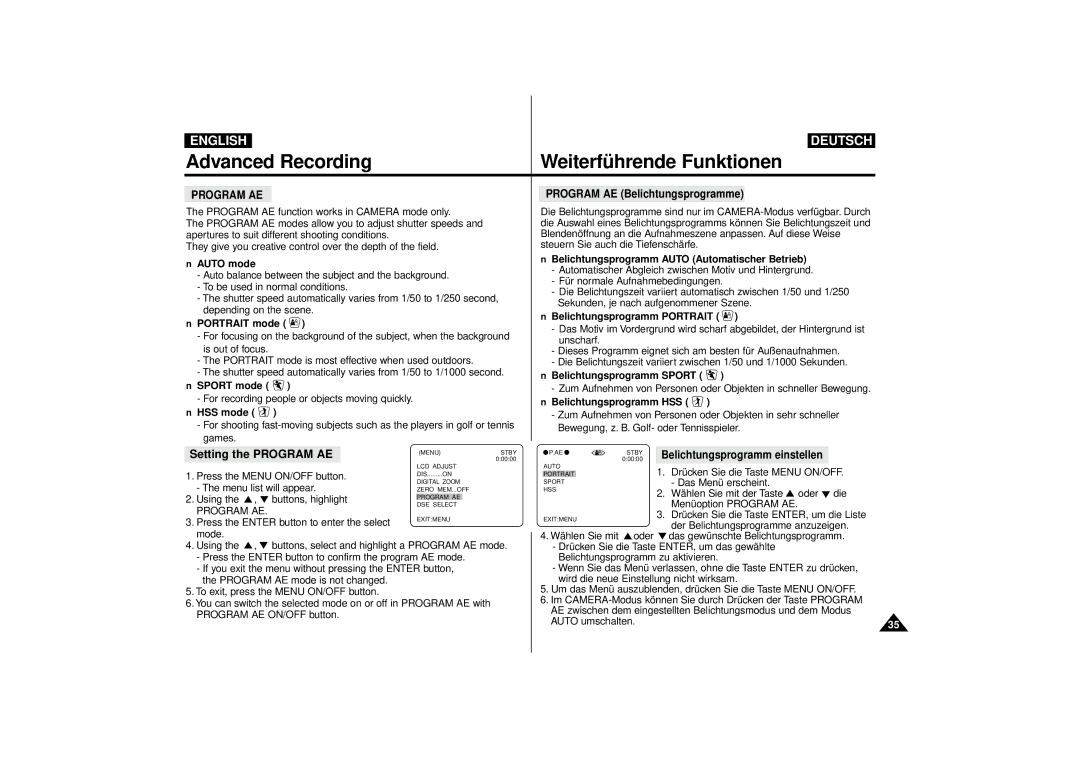 Samsung VP-D55, VP-D63 manual Setting the Program AE 