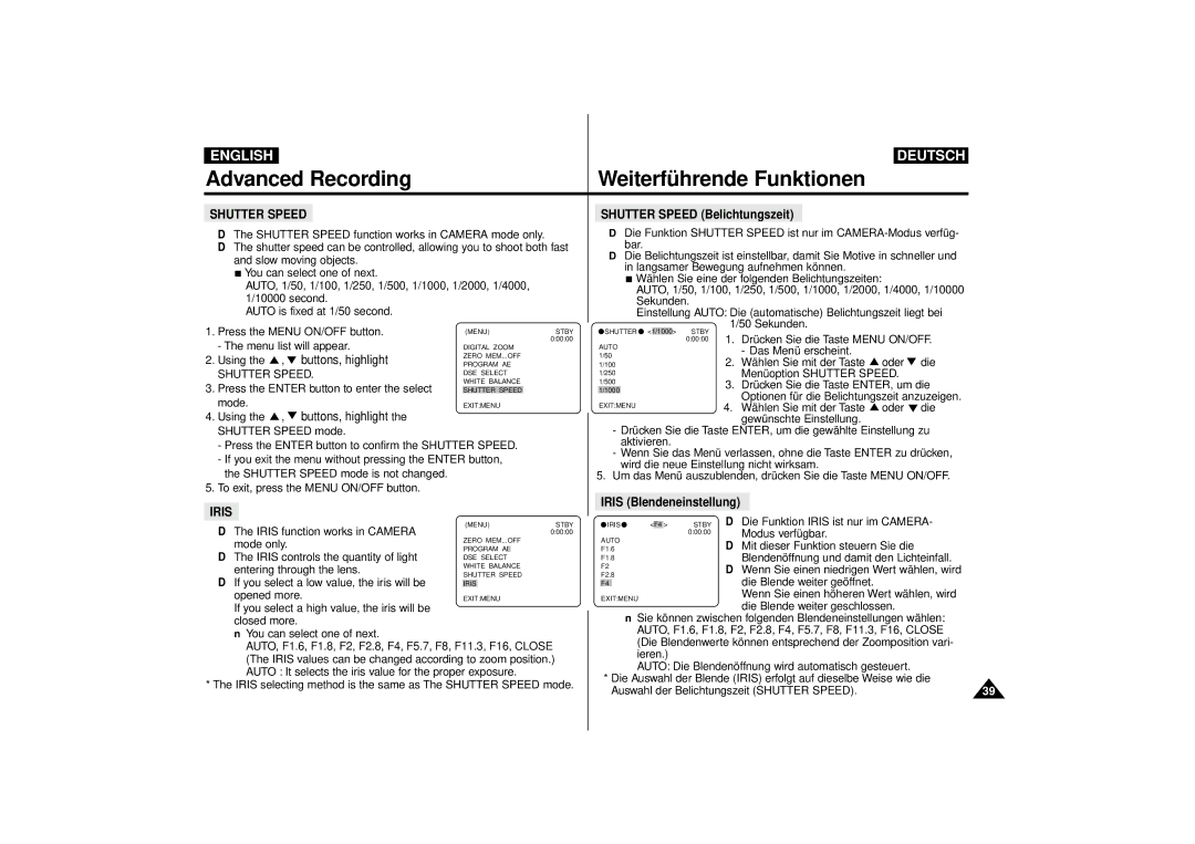 Samsung VP-D55, VP-D63 manual Shutter Speed Belichtungszeit, Iris Blendeneinstellung 