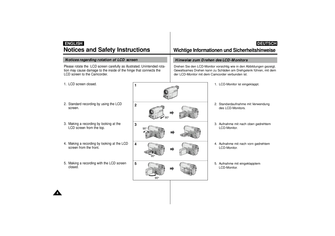 Samsung VP-D63, VP-D55 manual Wichtige Informationen und Sicherheitshinweise, Hinweise zum Drehen des LCD-Monitors 