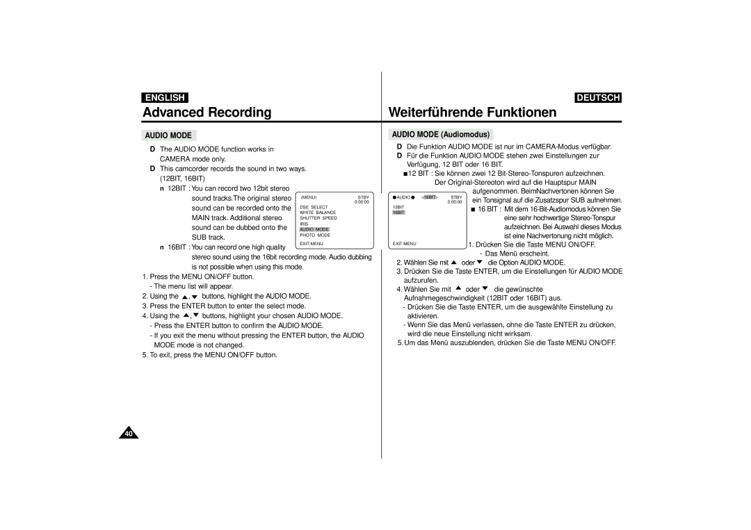 Samsung VP-D63, VP-D55 manual Audio Mode Audiomodus 