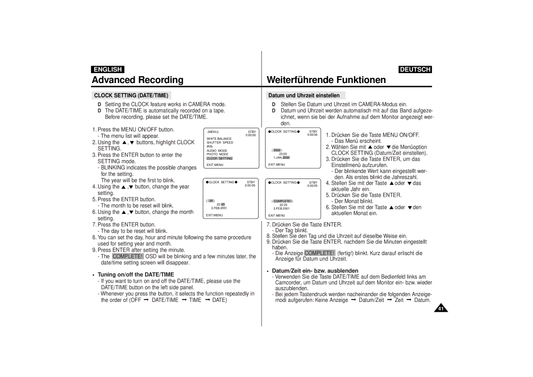 Samsung VP-D55, VP-D63 manual Tuning on/off the DATE/TIME Datum/Zeit ein- bzw. ausblenden, Clock Setting DATE/TIME, Complete 