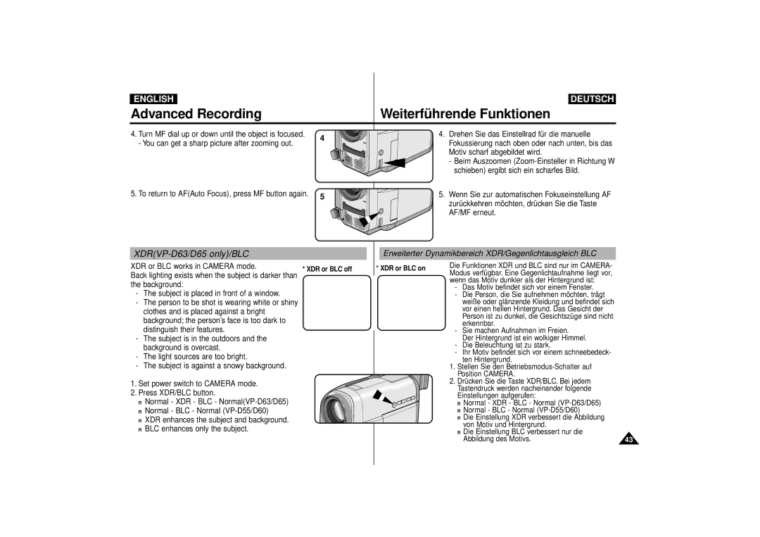 Samsung VP-D55 manual XDRVP-D63/D65 only/BLC, Erweiterter Dynamikbereich XDR/Gegenlichtausgleich BLC 