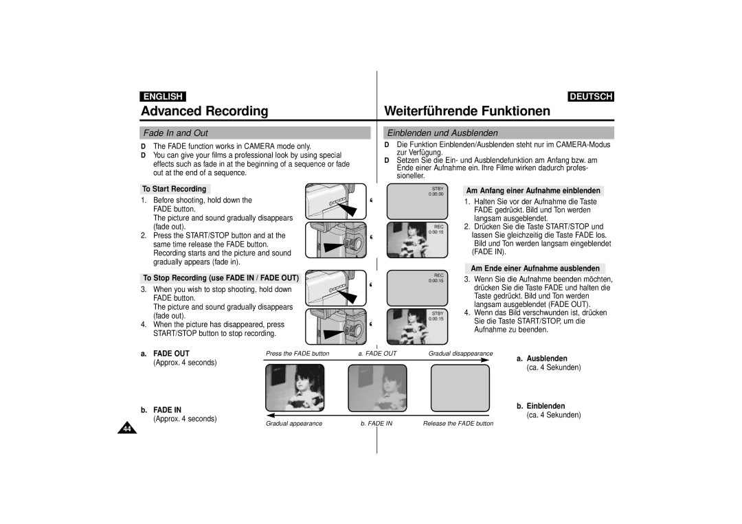 Samsung VP-D63 Fade In and Out Einblenden und Ausblenden, To Start Recording, To Stop Recording use Fade in / Fade OUT 