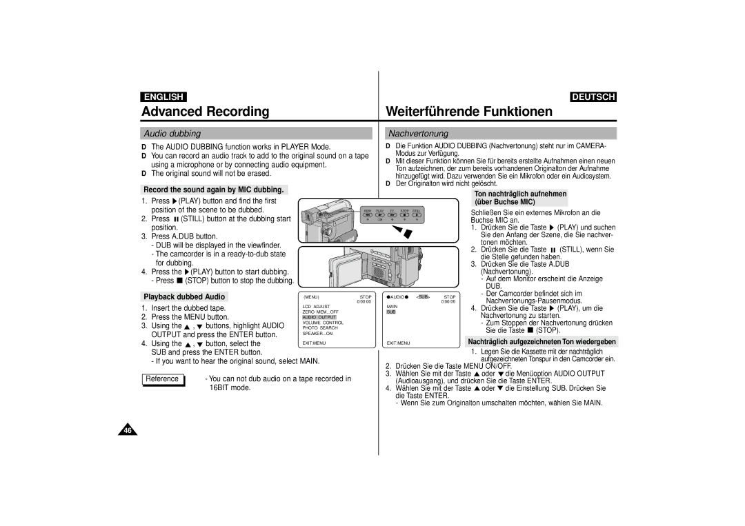 Samsung VP-D63, VP-D55 manual Nachvertonung, Audio dubbing, Record the sound again by MIC dubbing, Playback dubbed Audio 