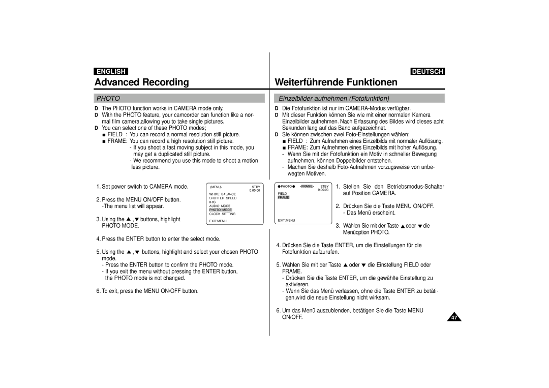 Samsung VP-D55, VP-D63 manual Einzelbilder aufnehmen Fotofunktion, Photo Mode, Frame, On/Off 