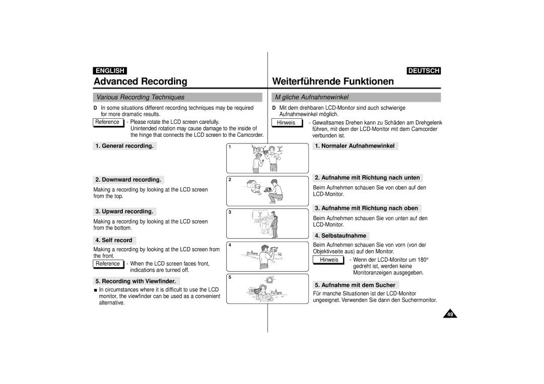 Samsung VP-D55, VP-D63 manual Various Recording Techniques Mögliche Aufnahmewinkel 