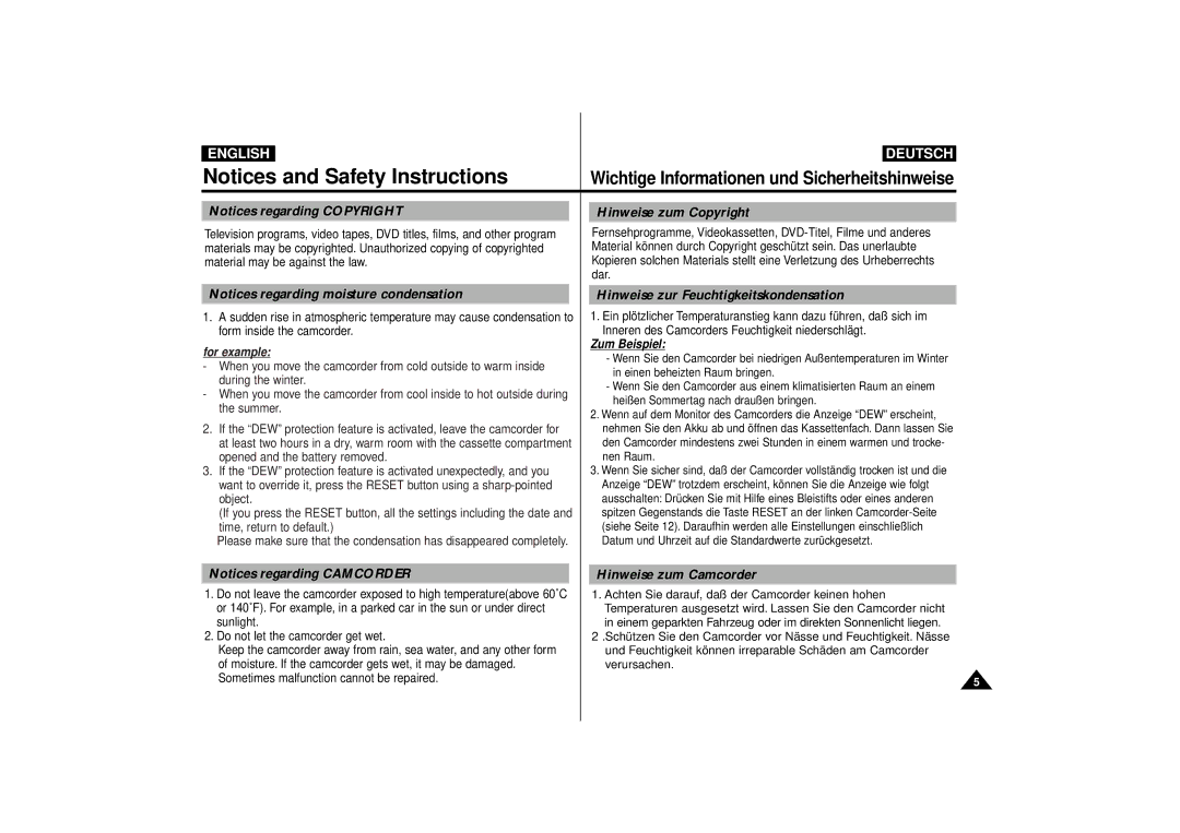 Samsung VP-D55, VP-D63 manual Hinweise zum Copyright, Hinweise zur Feuchtigkeitskondensation, Hinweise zum Camcorder 