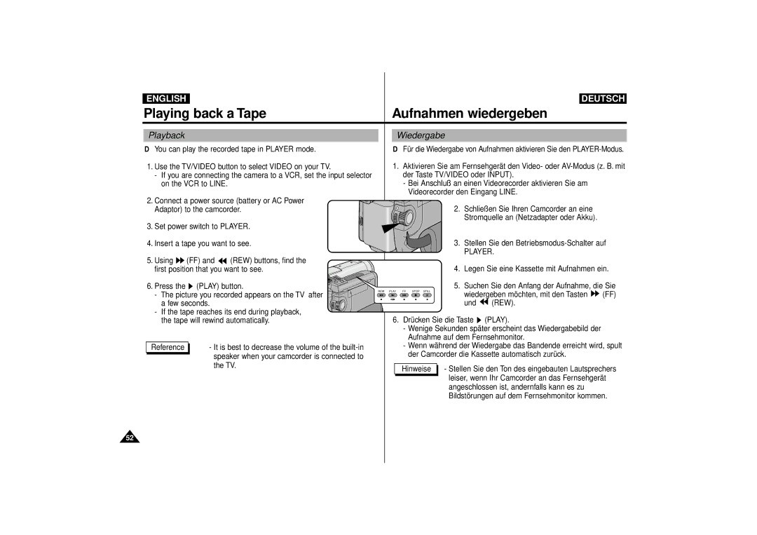 Samsung VP-D63, VP-D55 manual Playback, Wiedergabe, Player 