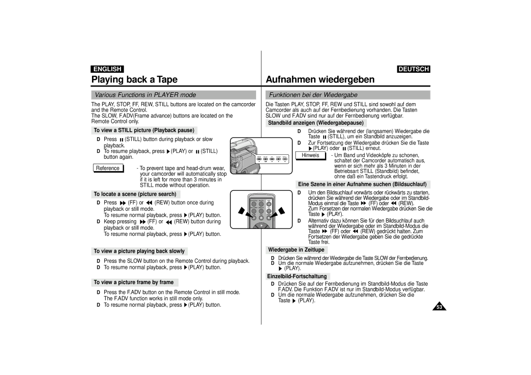 Samsung VP-D55, VP-D63 Various Functions in Player mode, Funktionen bei der Wiedergabe, To locate a scene picture search 