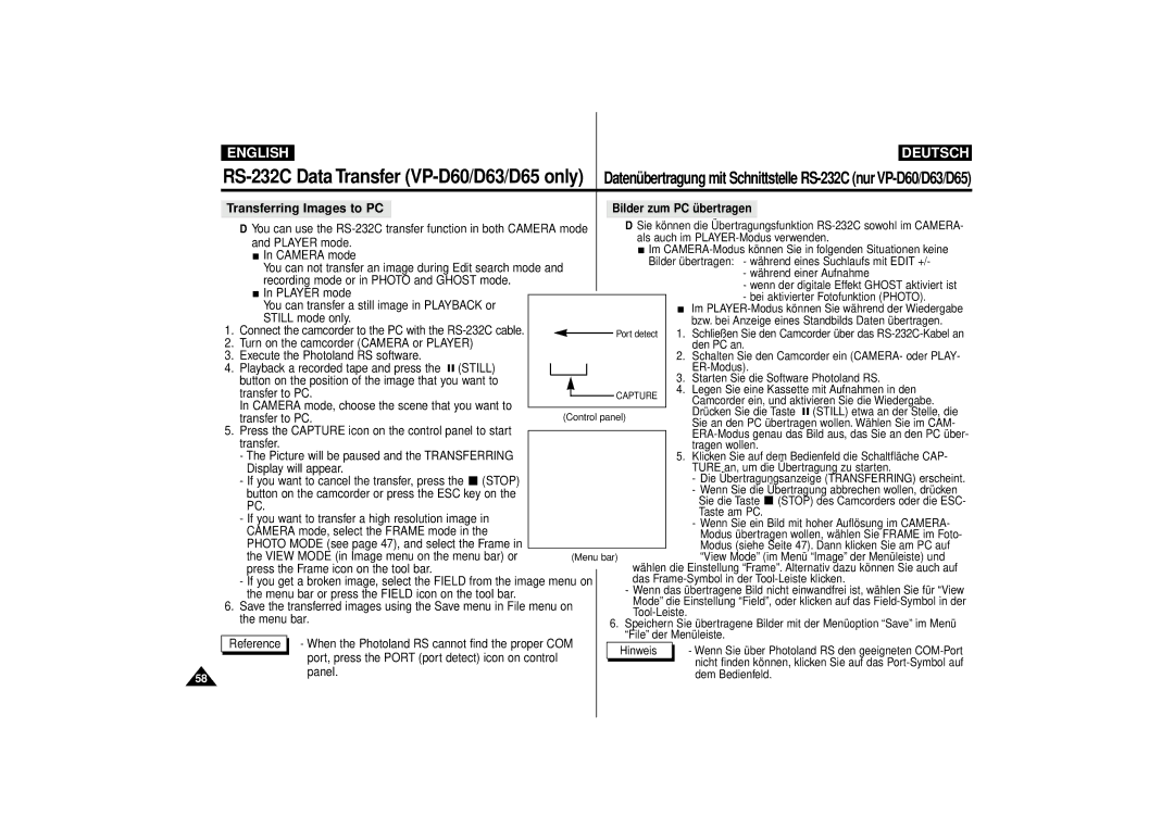 Samsung VP-D63, VP-D55 manual Transferring Images to PC 