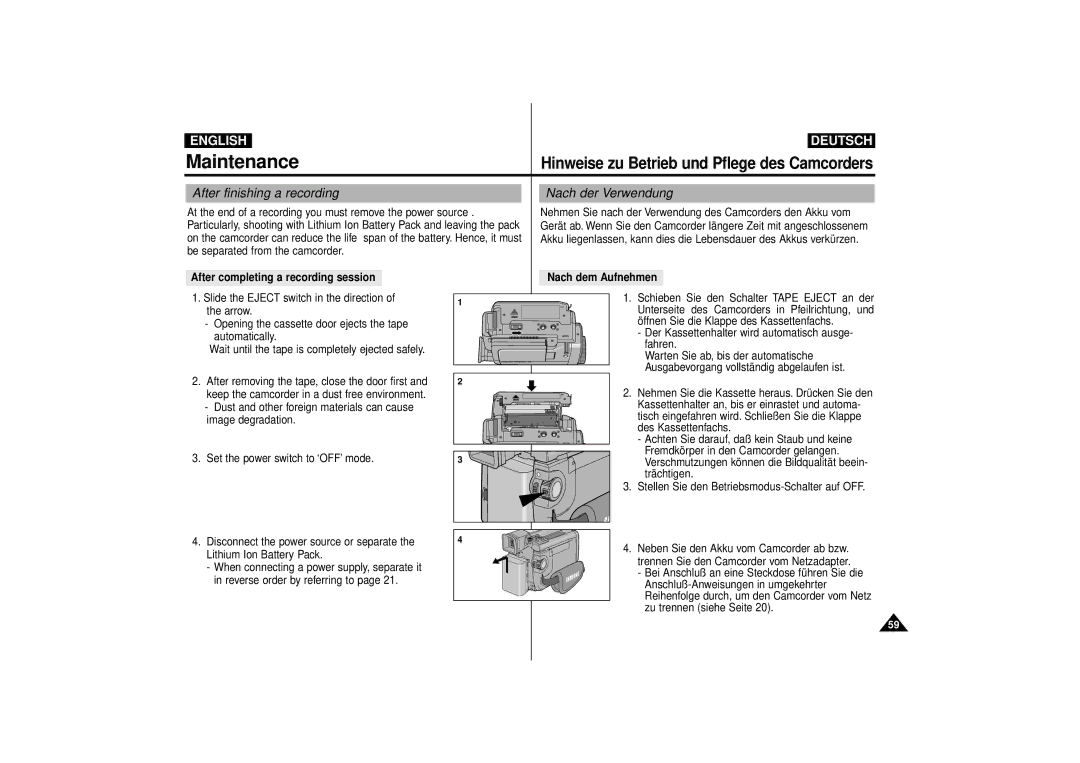 Samsung VP-D55, VP-D63 manual Maintenance, After finishing a recording Nach der Verwendung 