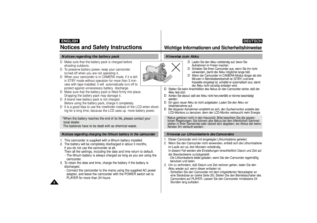 Samsung VP-D63, VP-D55 manual Hinweise zum Akku, Hinweise zur Lithiumbatterie des Camcorders 