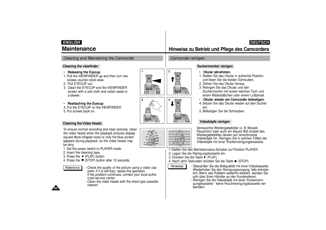 Samsung VP-D63, VP-D55 manual Cleaning and Maintaining the Camcorder Camcorder reinigen, Reattaching the Eyecup 
