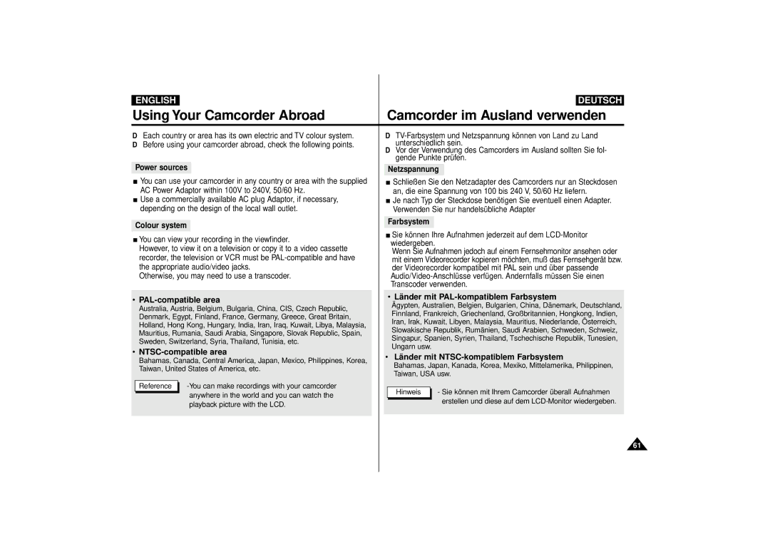 Samsung VP-D55, VP-D63 manual Using Your Camcorder Abroad Camcorder im Ausland verwenden, Netzspannung 