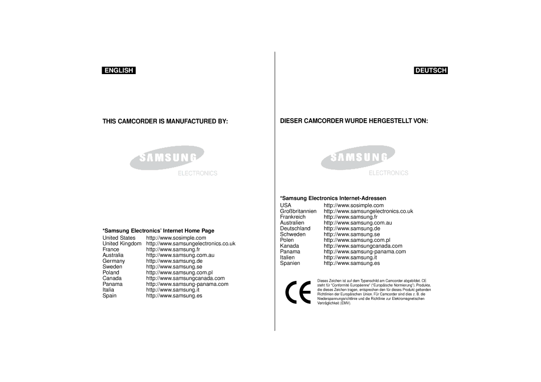 Samsung VP-D63, VP-D55 manual Samsung Electronics’ Internet Home, Samsung Electronics Internet-Adressen, Usa 