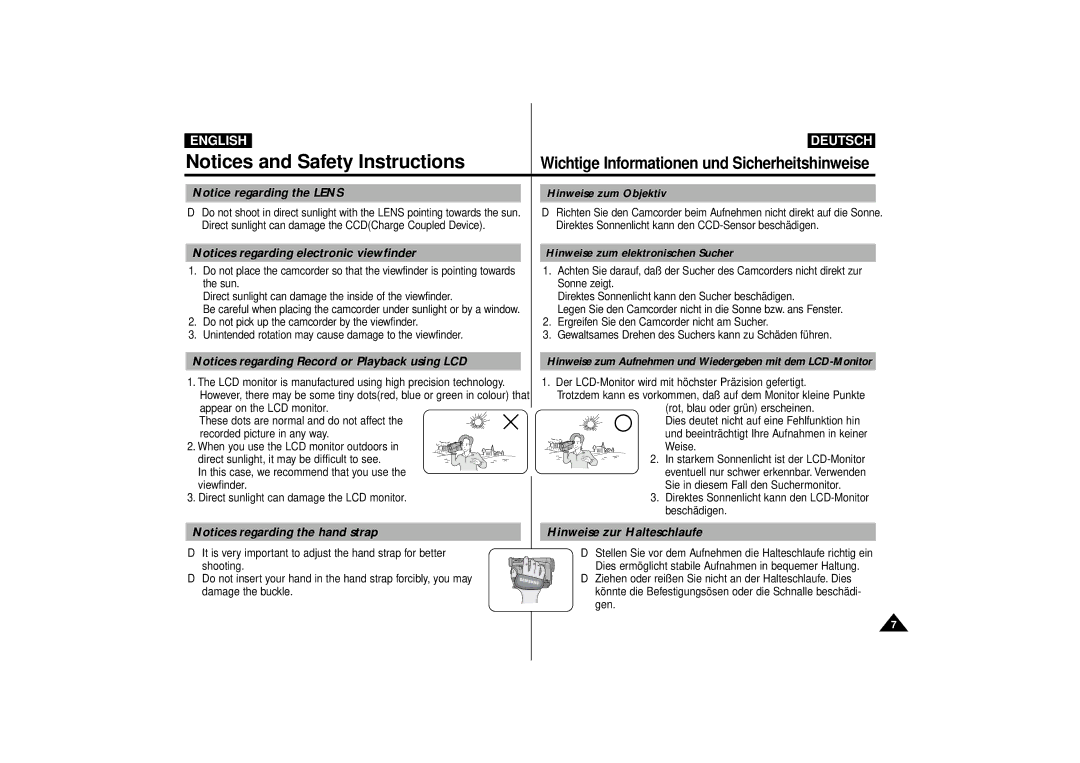 Samsung VP-D55, VP-D63 manual Hinweise zur Halteschlaufe, Hinweise zum elektronischen Sucher 