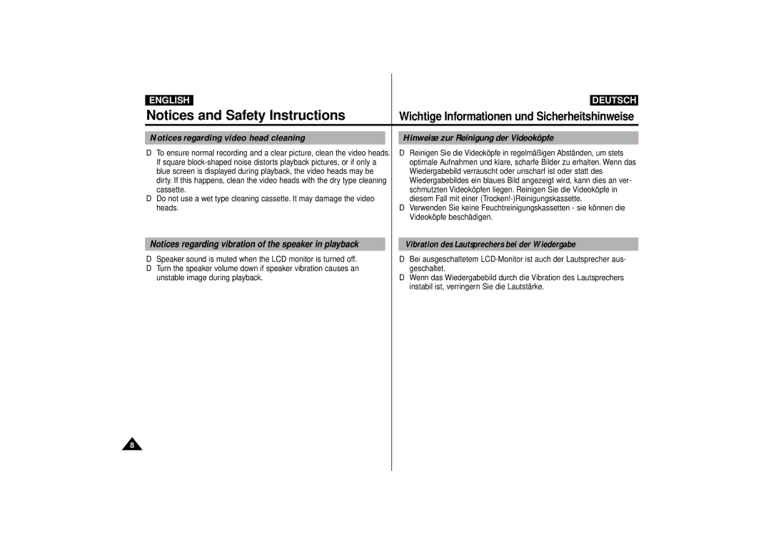 Samsung VP-D63, VP-D55 manual Hinweise zur Reinigung der Videoköpfe, Vibration des Lautsprechers bei der Wiedergabe 