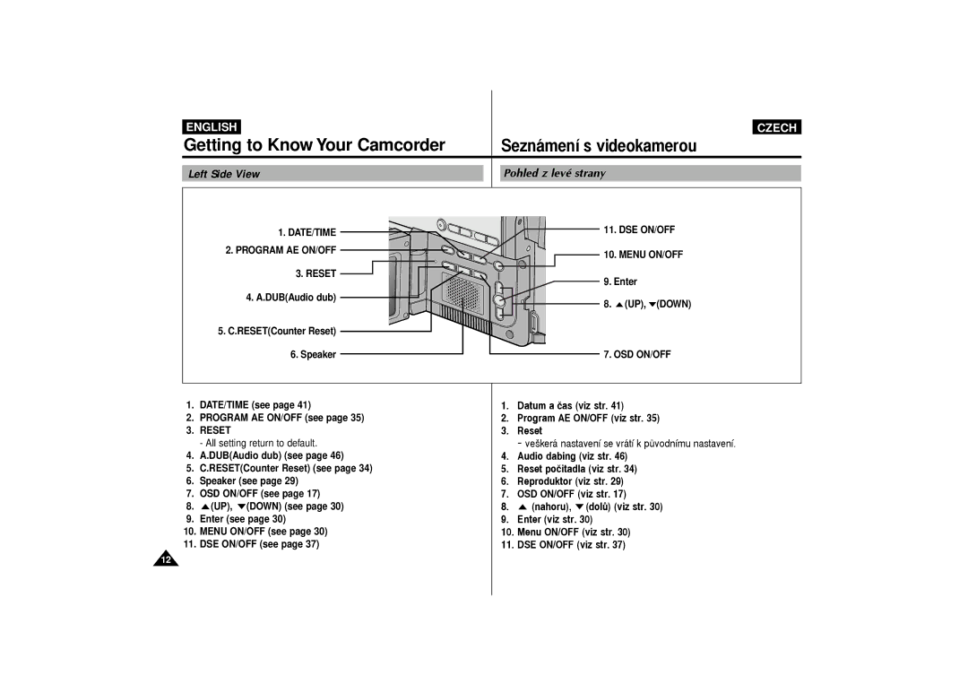 Samsung VP-D65 DATE/TIME DSE ON/OFF Program AE ON/OFF Menu ON/OFF, Osd On/Off, DATE/TIME see Program AE ON/OFF see, Reset 