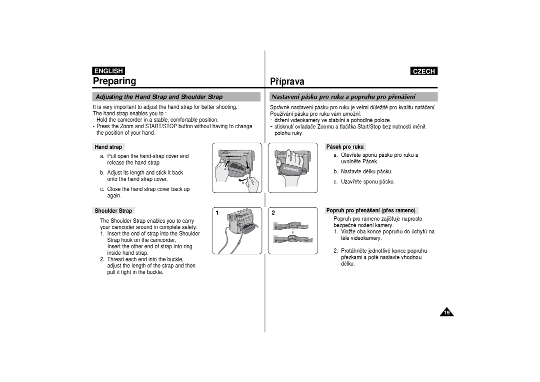 Samsung VP-D60, VP-D65 manual Preparing, PÞ’prava, Adjusting the Hand Strap and Shoulder Strap 