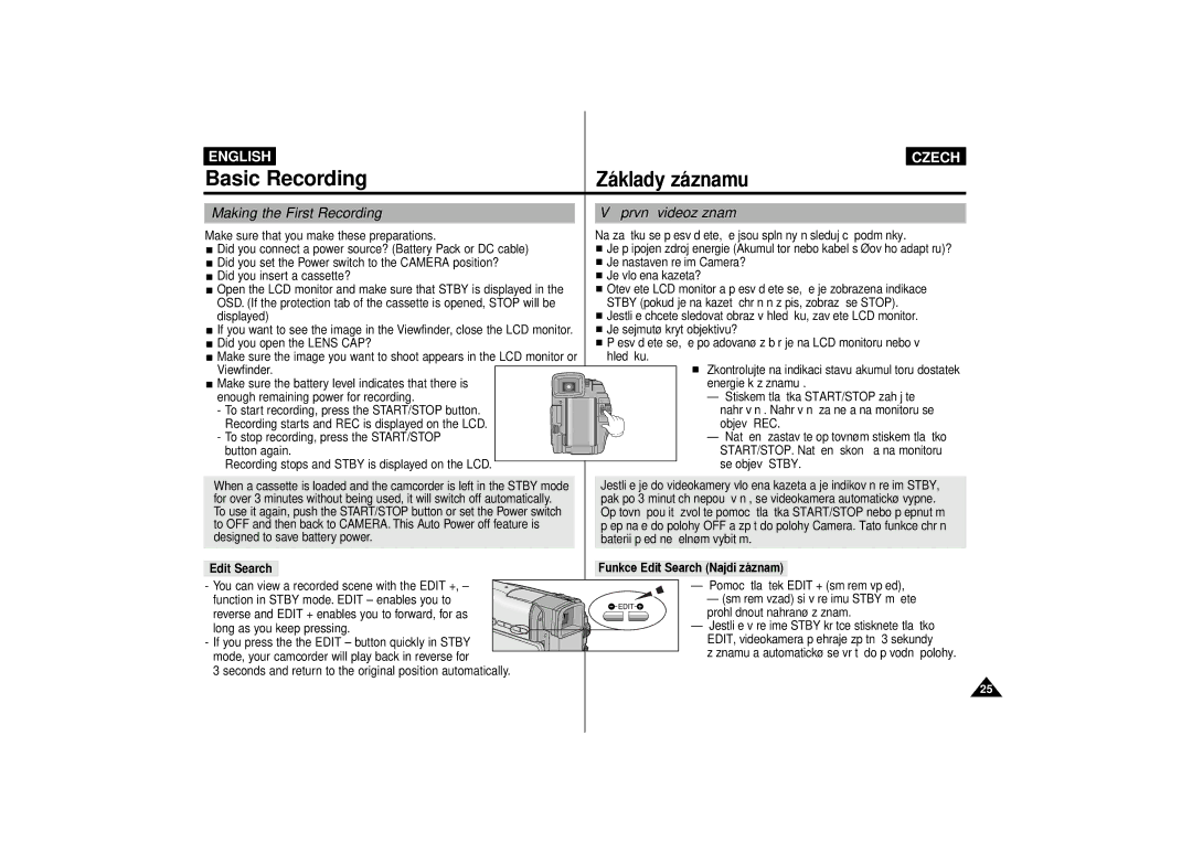 Samsung VP-D60, VP-D65 manual Basic, ‡klady z‡znamu, Making the First Recording, ‡ä prvn’ videoz‡znam 