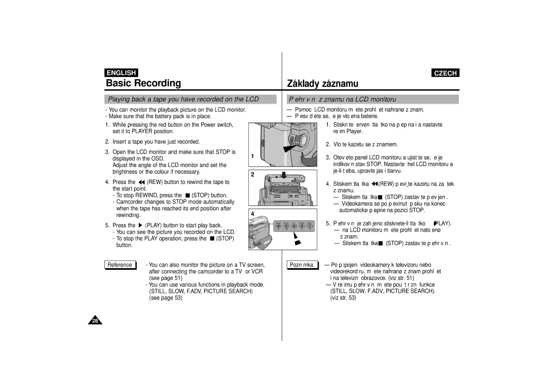 Samsung VP-D65, VP-D60 manual Playing back a tape you have recorded on the LCD, PÞehr‡v‡n’ z‡znamu na LCD monitoru 