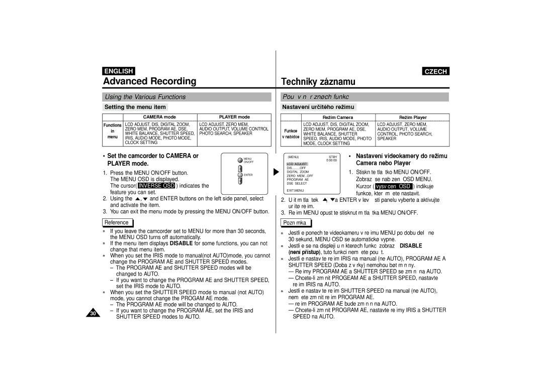 Samsung VP-D65, VP-D60 manual Advanced Recording, Using the Various Functions, Pouì’v‡n’ róznùch funkc’, Player mode 