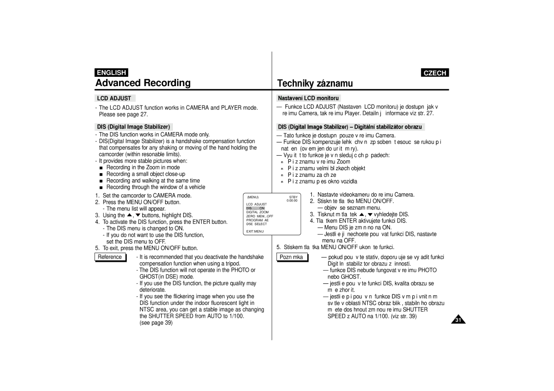 Samsung VP-D60, VP-D65 manual Techniky z‡znamu, LCD Adjust, DIS Digital Image Stabilizer 