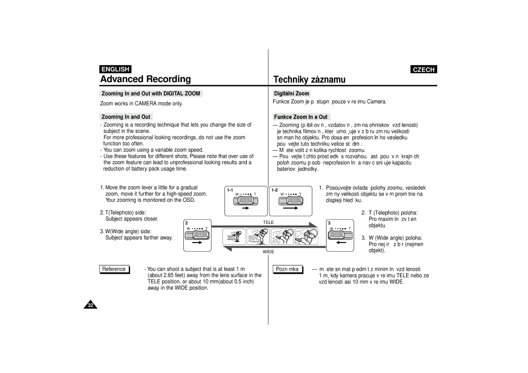 Samsung VP-D65, VP-D60 manual Zooming In and Out with Digital Zoom Digit‡ln’ Zoom, Zooming In and Out Funkce Zoom In a Out 