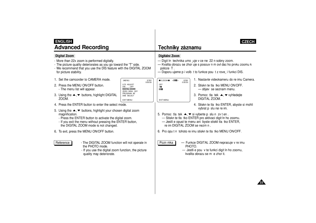 Samsung VP-D60, VP-D65 manual Digital Zoom Digit‡ln’ Zoom 