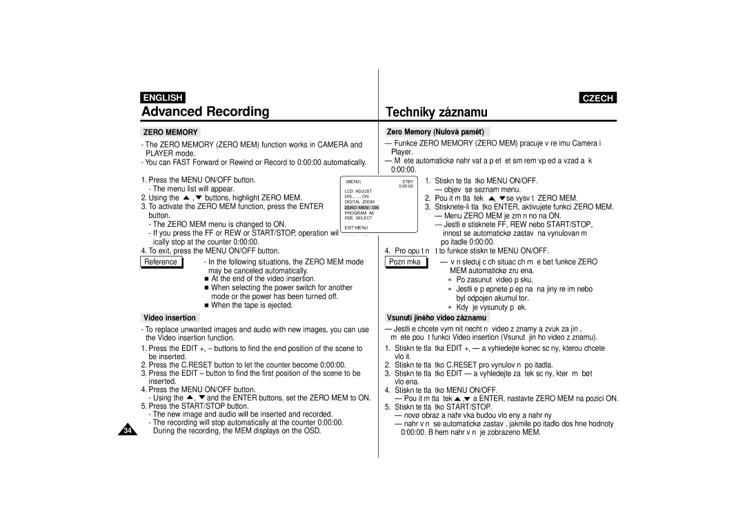 Samsung VP-D65, VP-D60 manual Zero Memory, Video insertion, Vsunut’ jinŽho video z‡znamu 