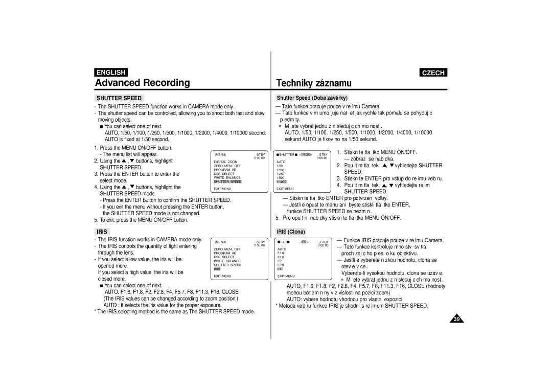 Samsung VP-D60, VP-D65 manual Shutter Speed, Iris 