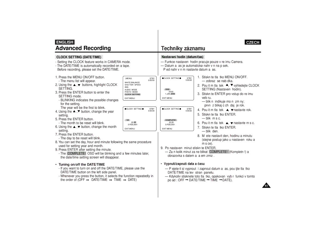 Samsung VP-D60, VP-D65 manual Tuning on/off the DATE/TIME, Clock Setting DATE/TIME, Vypnut’/zapnut’ data a ‹asu 